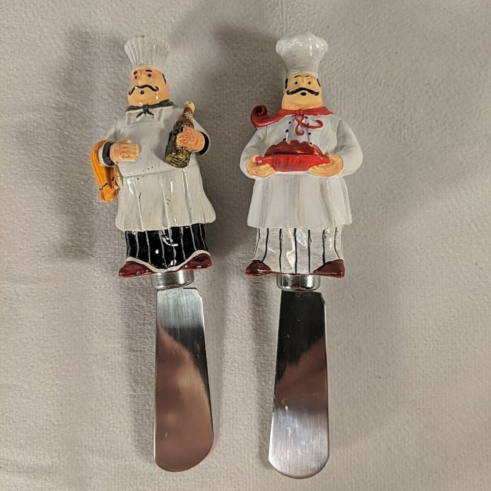 2 Vintage Chef Ceramic Butter Knives Charcuterie Board Spreader Stainless Steel